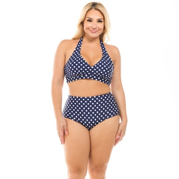 Navy Plus Retro Polka Dot Swimsuit - Picture 2 of 5